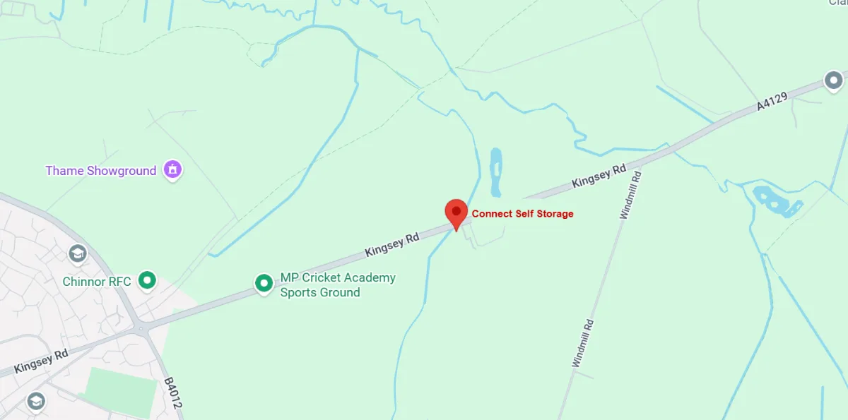 Map showing Connect Self Storage location on Kingsey Road, Thame